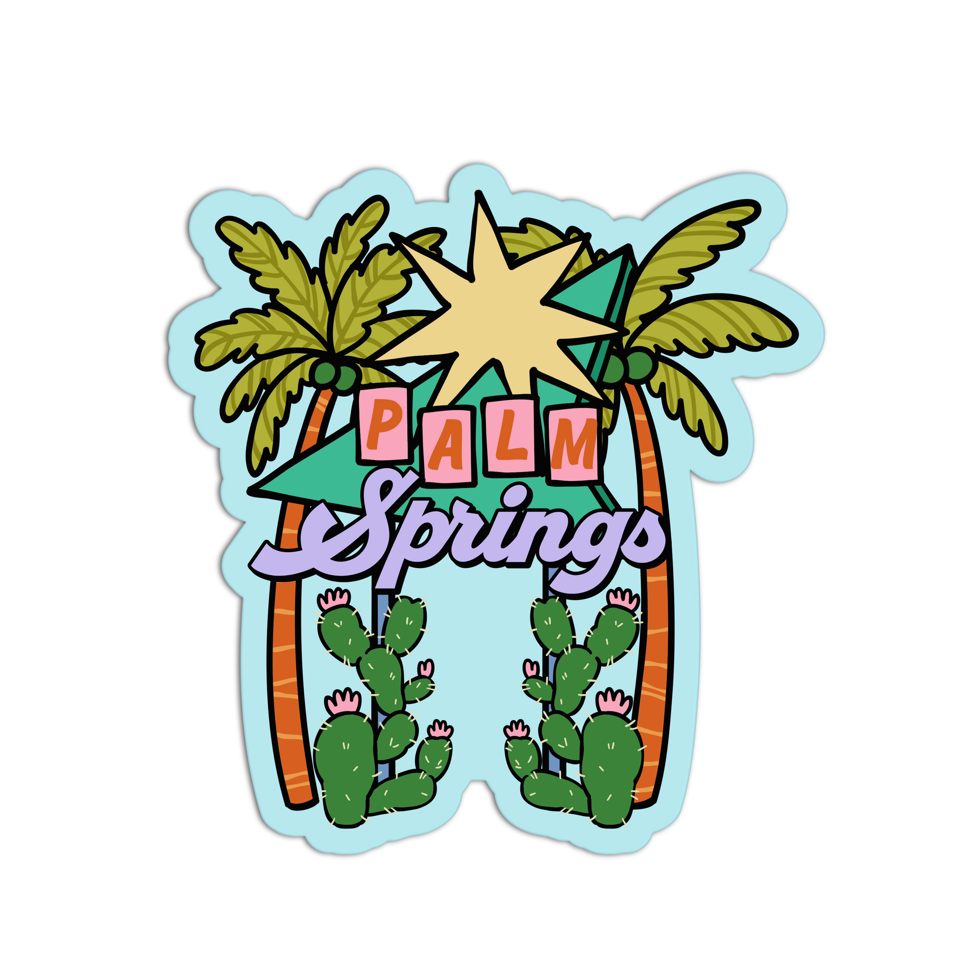 Sticker with palm trees, cacti, and 'Palm Springs' text on a white background