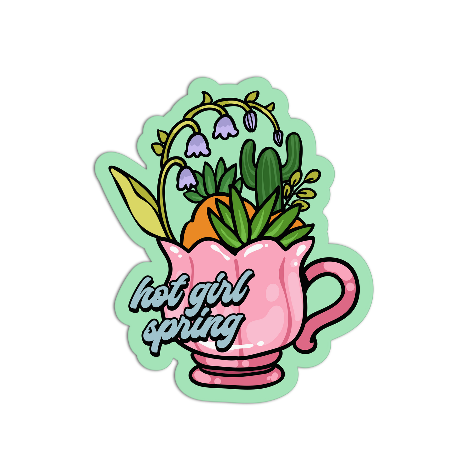 Sticker with a pink teapot filled with plants and flowers, labeled 'hot girl spring' on a white background.