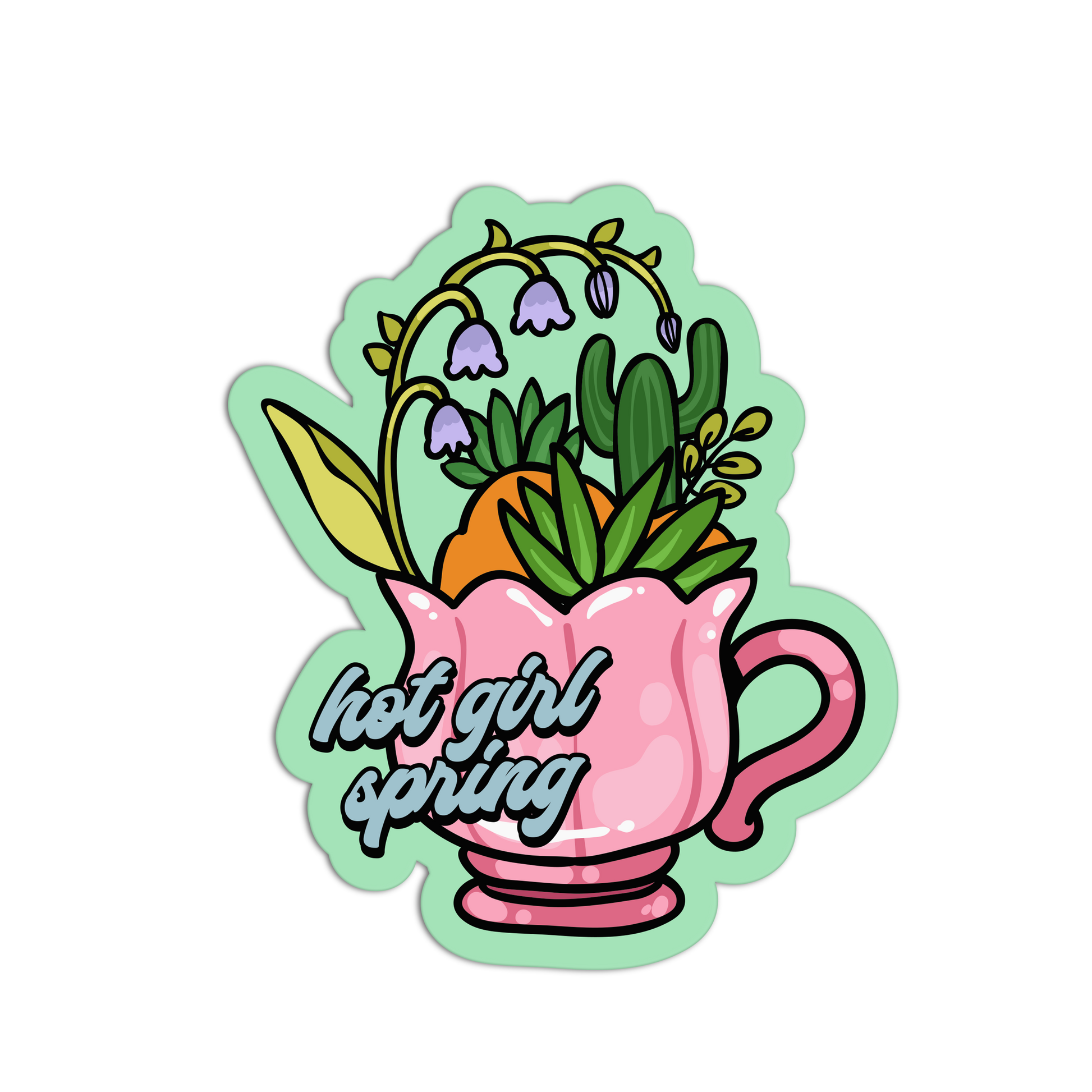 Sticker with a pink teapot filled with plants and flowers, labeled 'hot girl spring' on a white background.