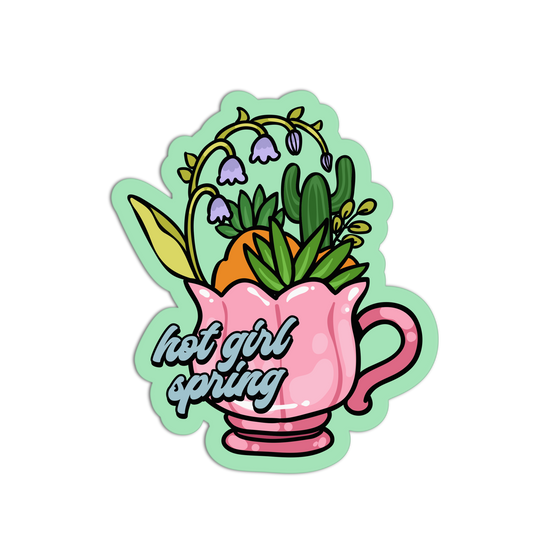 Sticker with a pink teapot filled with plants and flowers, labeled 'hot girl spring' on a white background.