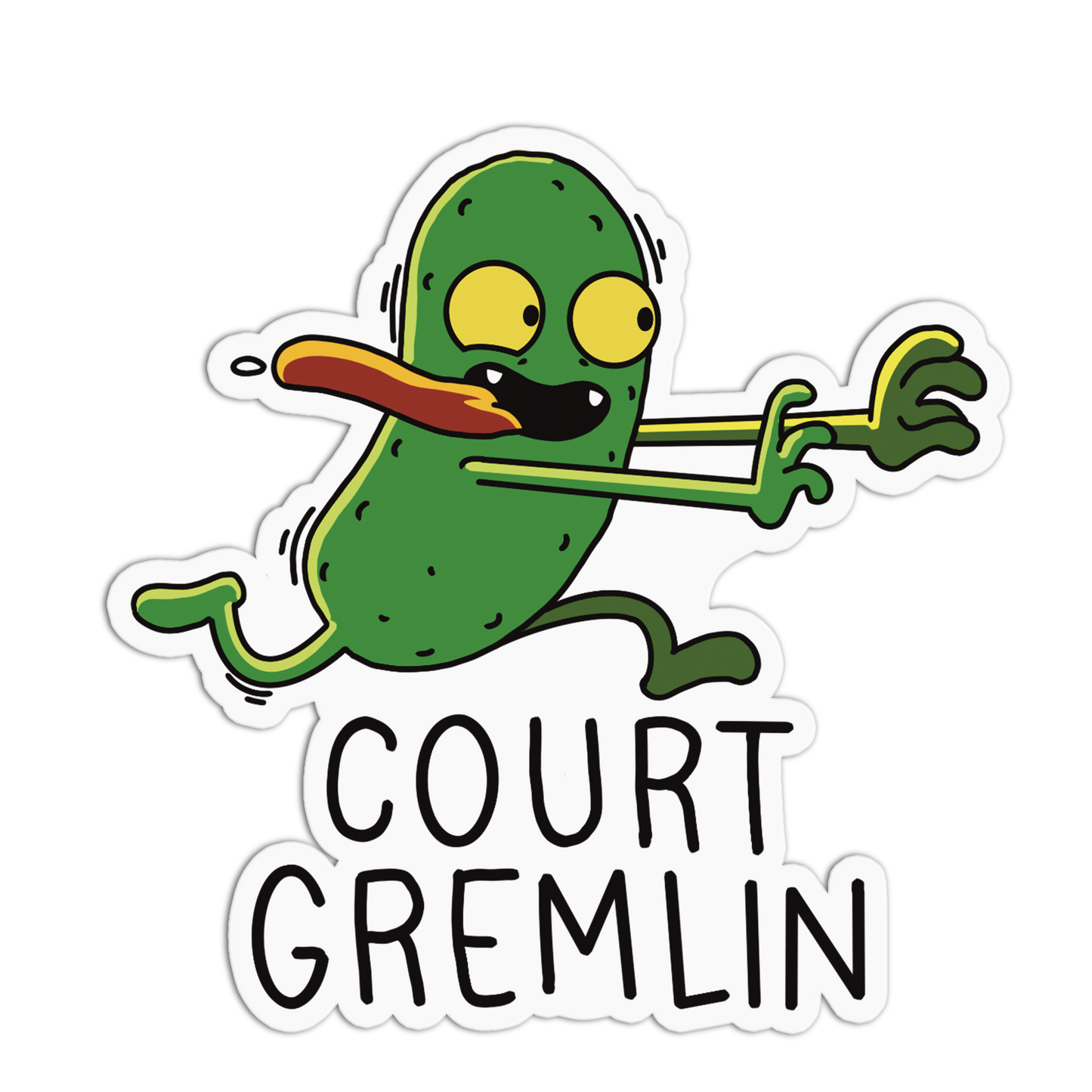 Cartoon green gremlin character with 'Court Gremlin' text on a white background