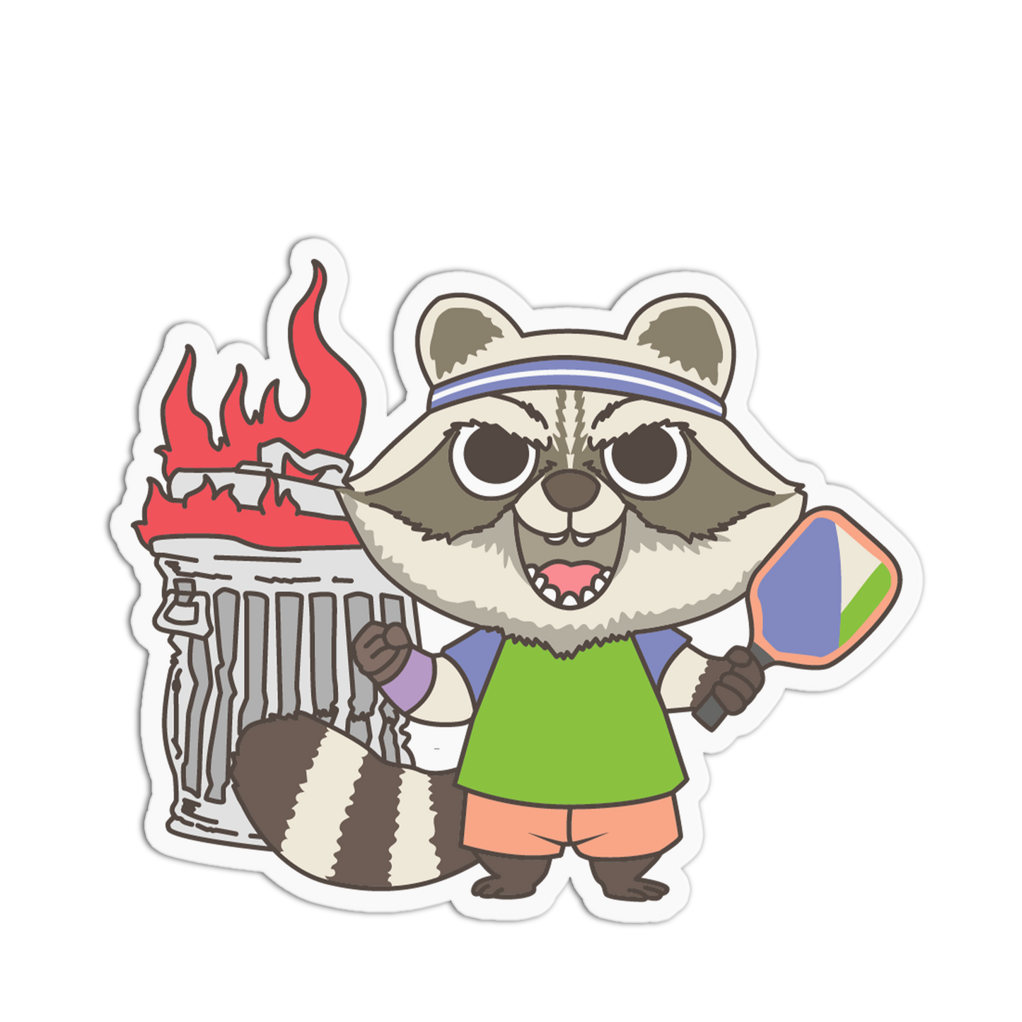 Cartoon raccoon character with a green shirt and orange shorts, holding a colorful object, on a white background.