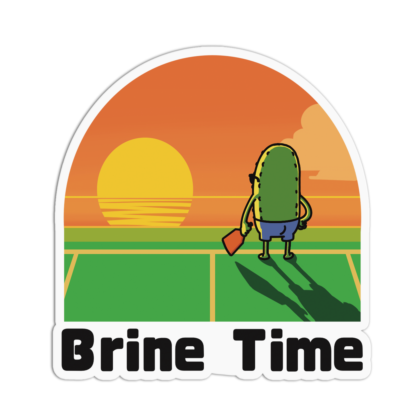 Illustration of a character with a surfboard standing on a beach at sunset, with 'Brine Time' text below.