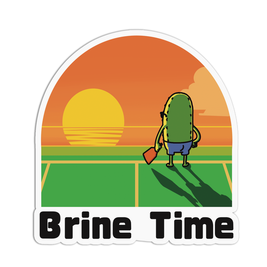 Illustration of a character with a surfboard standing on a beach at sunset, with 'Brine Time' text below.