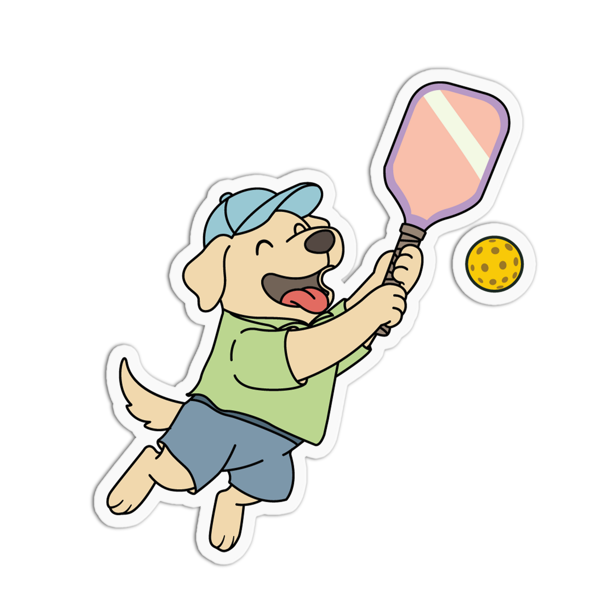 Cartoon dog playing paddle ball with a paddle and ball on a white background