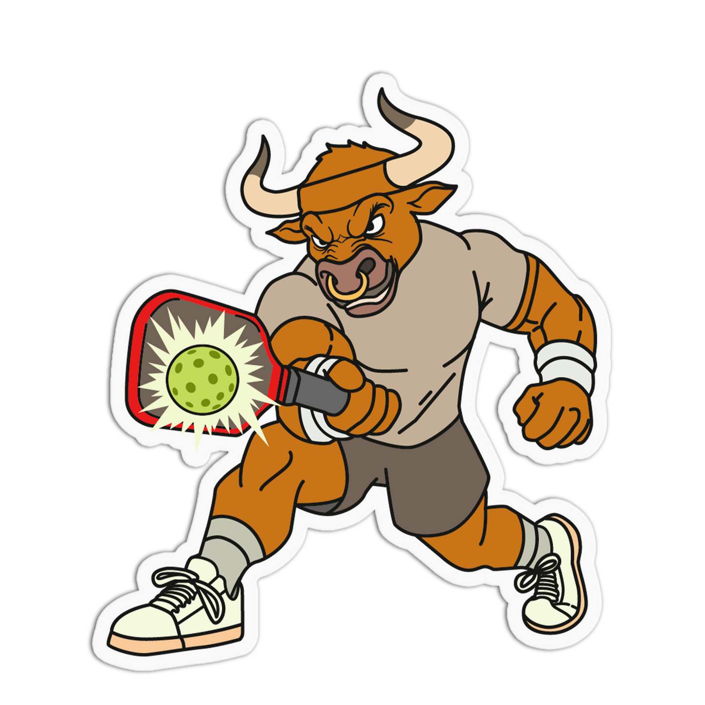 Cartoon bull playing pickleball on a white background