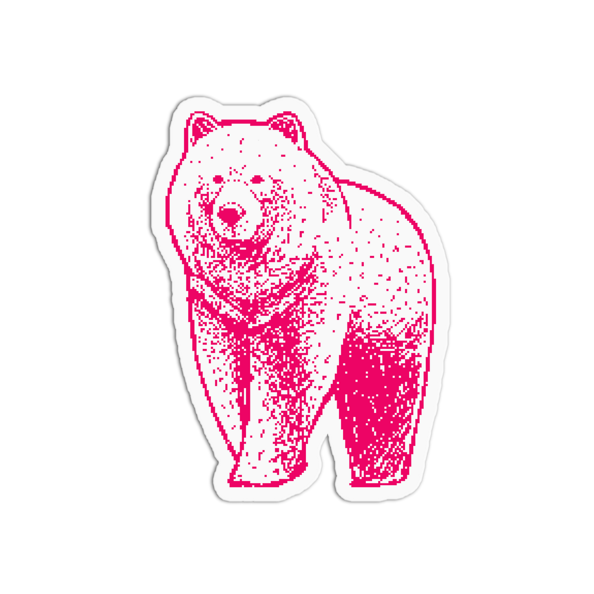 A die-cut sticker featuring a stylized pink speckled illustration of a bear on a white background.