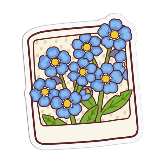 A die-cut sticker featuring a cartoon illustration of blue forget-me-not flowers with yellow centers and green leaves, set against a cream background with a brown border.