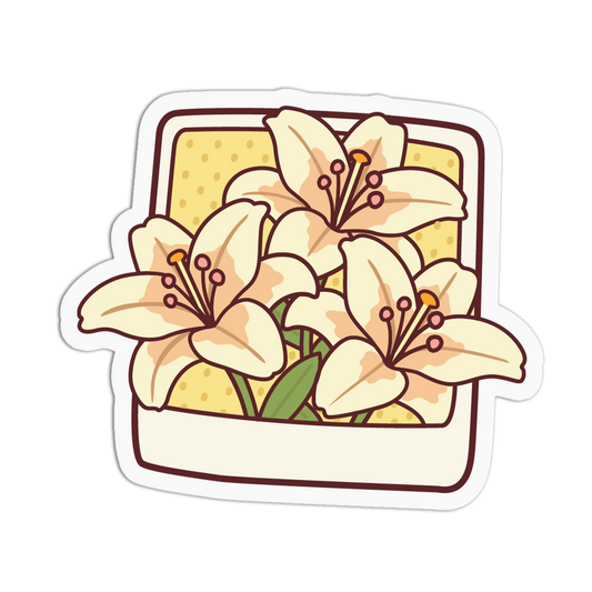 A die-cut sticker featuring an illustration of three cream-colored lilies with green leaves inside a Polaroid-style photo frame, shown on a plain white background.