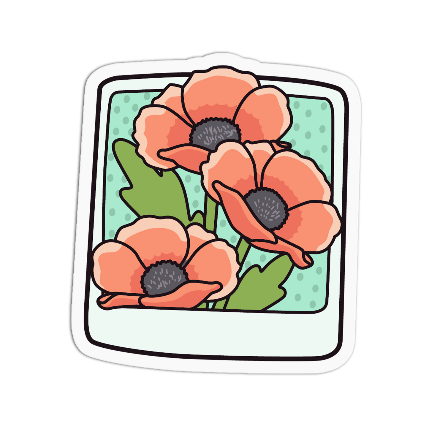 A die-cut sticker featuring a retro-style Polaroid photo frame with three orange poppy flowers and green leaves on a light mint background.