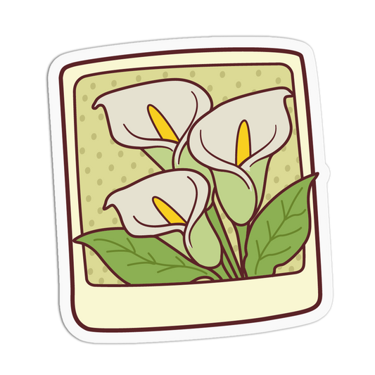 A die-cut sticker featuring a retro-style Polaroid photo frame illustration with three white calla lilies, yellow centers, and green leaves on a light beige background with subtle polka dots.