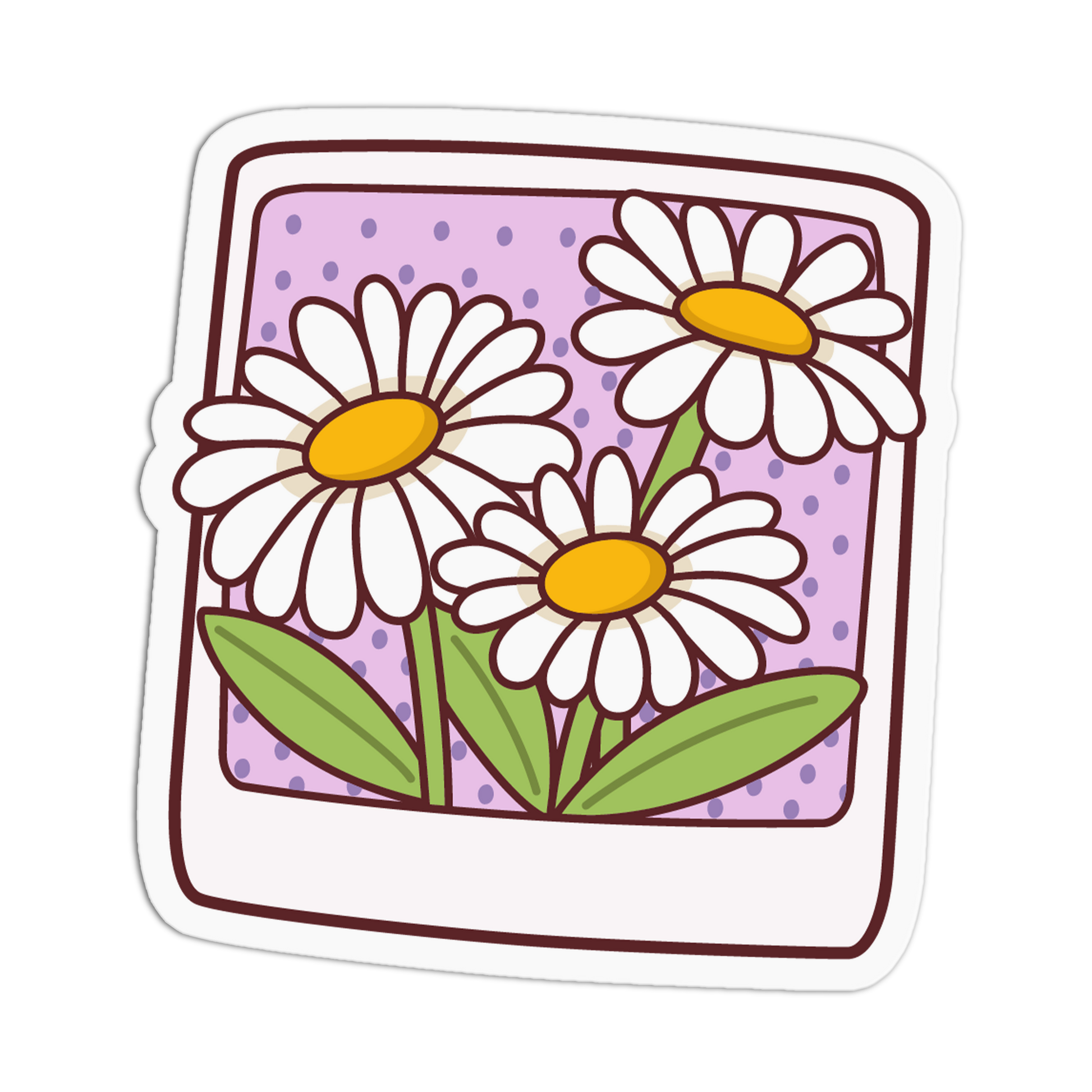 A die-cut sticker featuring a retro-style polaroid frame with three white daisies that have yellow centers and green stems, set against a light purple dotted background.