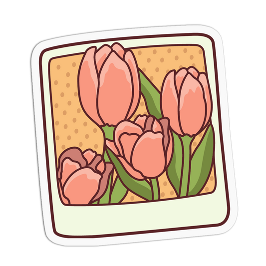 A square sticker or art print featuring a stylized illustration of four pink tulips with green leaves on a tan dotted background, surrounded by a white border and dark brown outline.