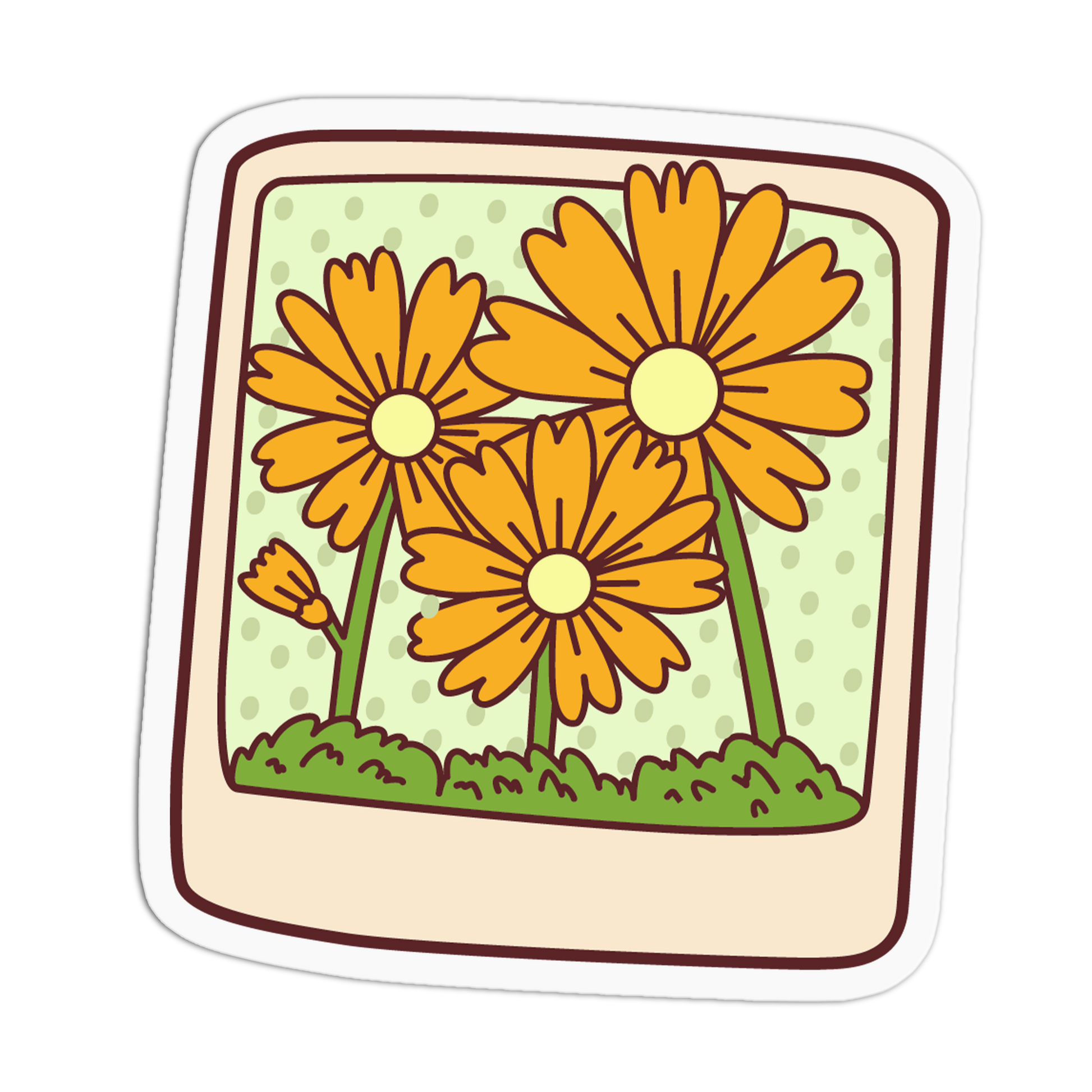 A square sticker with rounded corners featuring a cartoon illustration of three orange flowers with green stems on a light green dotted background, surrounded by a cream border and dark brown outline.
