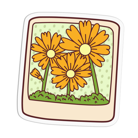 A square sticker with rounded corners featuring a cartoon illustration of three orange flowers with green stems on a light green dotted background, surrounded by a cream border and dark brown outline.