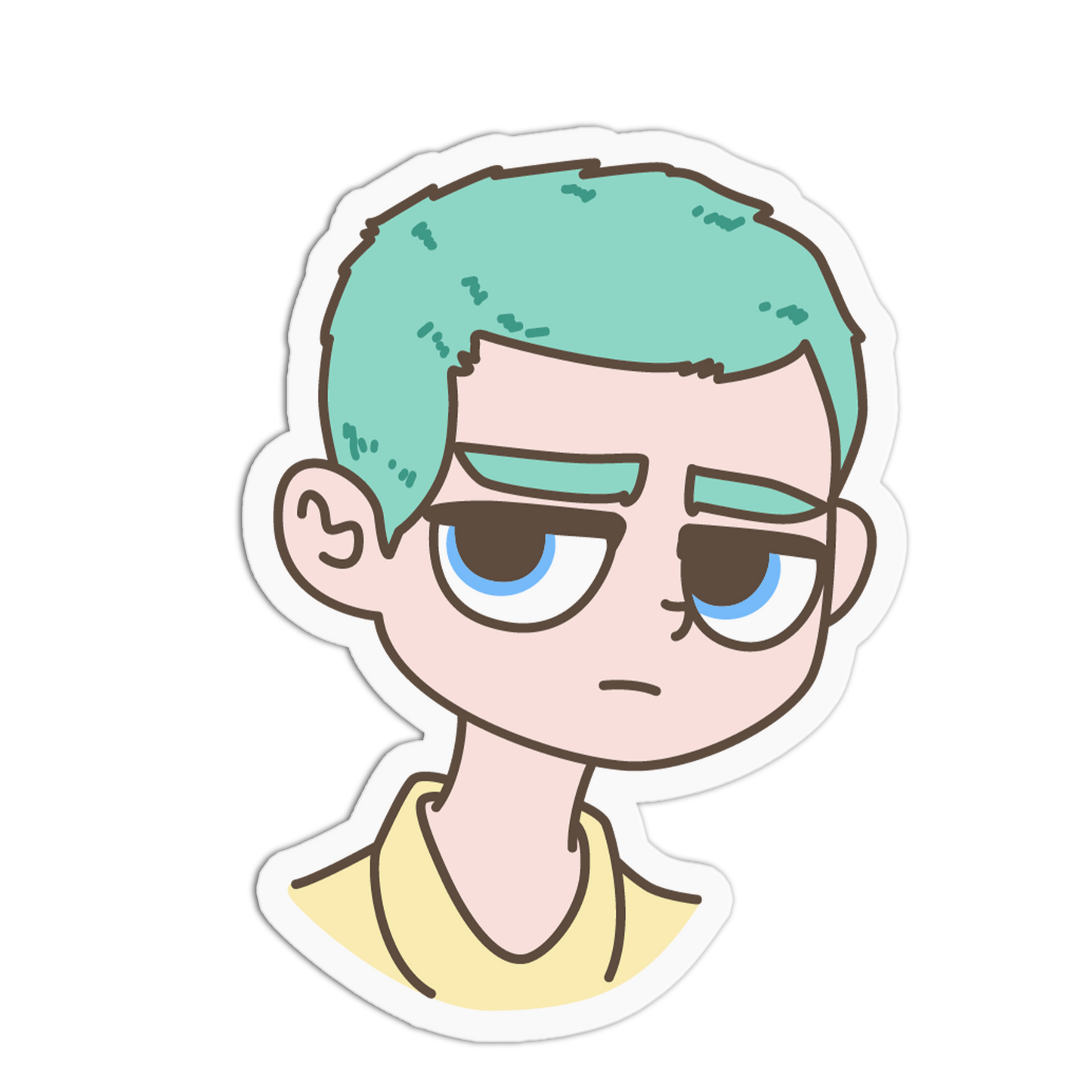 A cartoon-style die-cut sticker featuring a character with mint green hair, blue eyes, and a sad expression, shown on a plain white background.