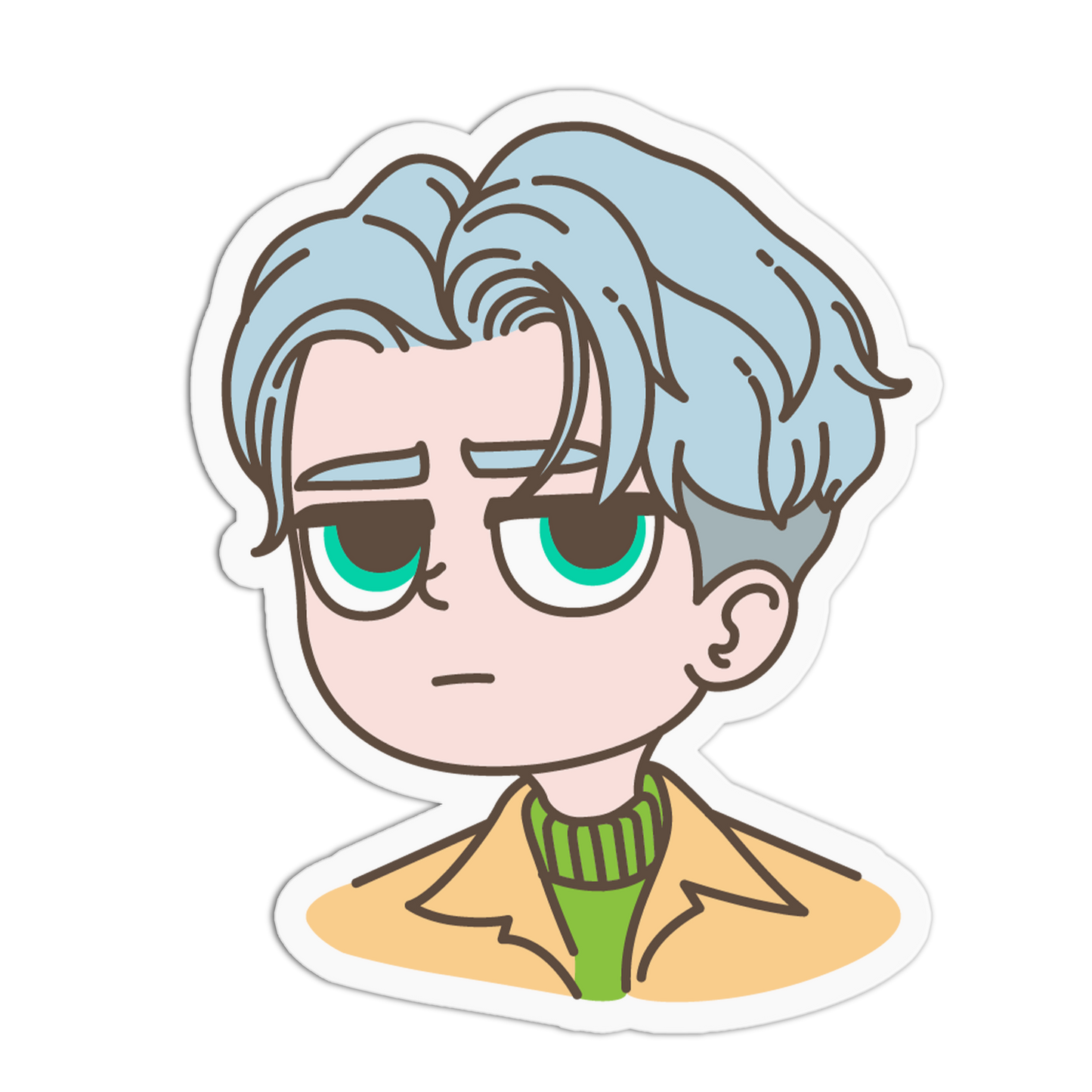 A cartoon-style die-cut sticker featuring a character with light blue hair, large green-tinted glasses, and a sad expression, wearing a yellow jacket over a green sweater on a plain white background.