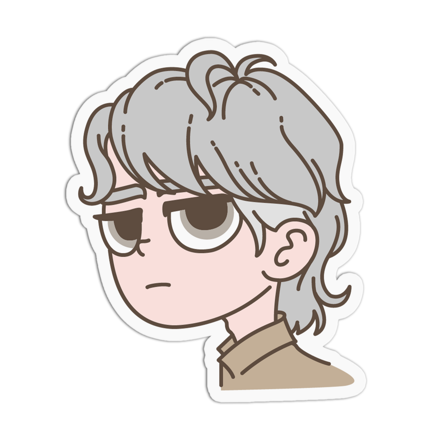 A die-cut cartoon sticker featuring a side-profile illustration of a person with gray hair, round glasses, and a neutral expression, shown on a plain white background.