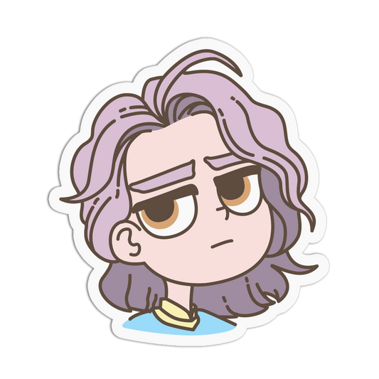 A cartoon-style die-cut sticker featuring a character with lavender-purple hair, brown eyes, and a skeptical expression, shown on a plain white background.