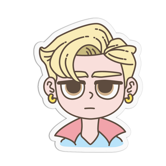A cartoon-style die-cut sticker featuring a chibi character with blonde hair, brown sunglasses, gold hoop earrings, and a pink-and-blue top, shown on a plain white background.