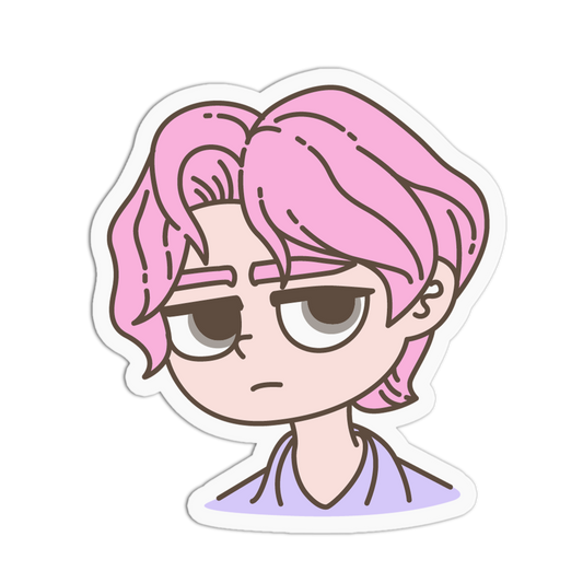 A die-cut cartoon sticker featuring a character with pink hair, brown eyes, and a sad expression, shown on a plain white background.