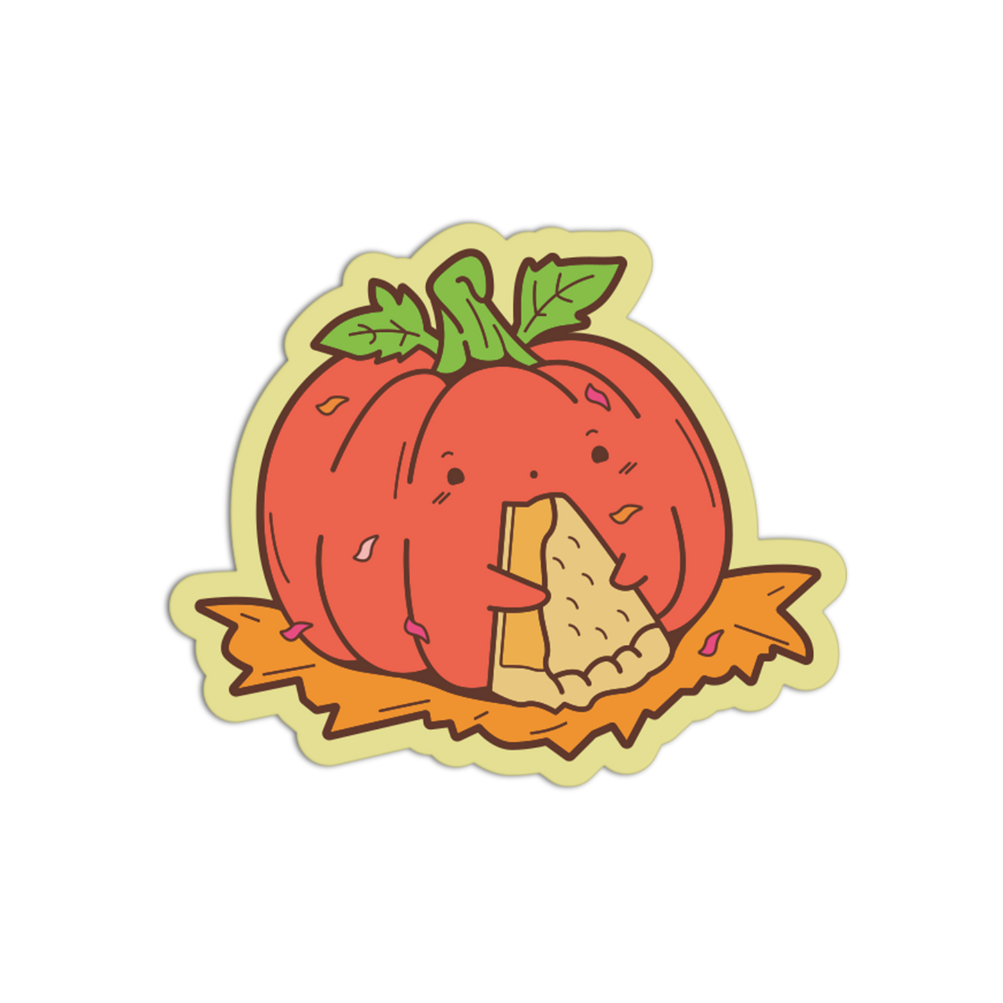 A die-cut cartoon pumpkin sticker or decal showing a smiling orange-red pumpkin with green leaves and a small face, eating a slice of pizza on a yellow background.