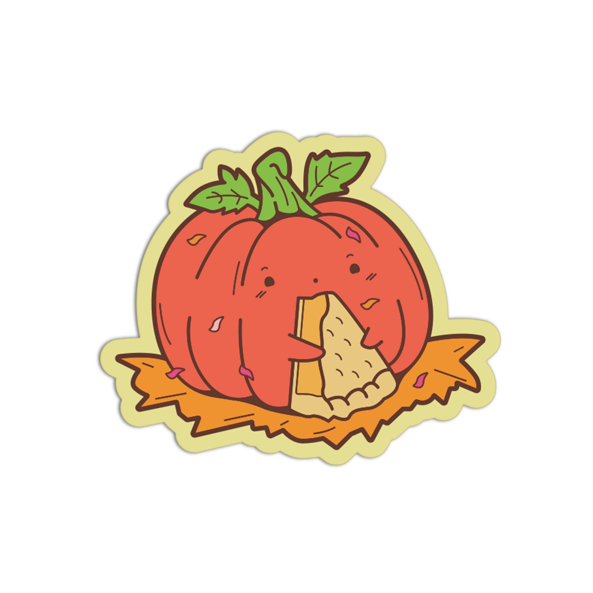A die-cut cartoon pumpkin sticker or decal showing a smiling orange-red pumpkin with green leaves and a small face, eating a slice of pizza on a yellow background.