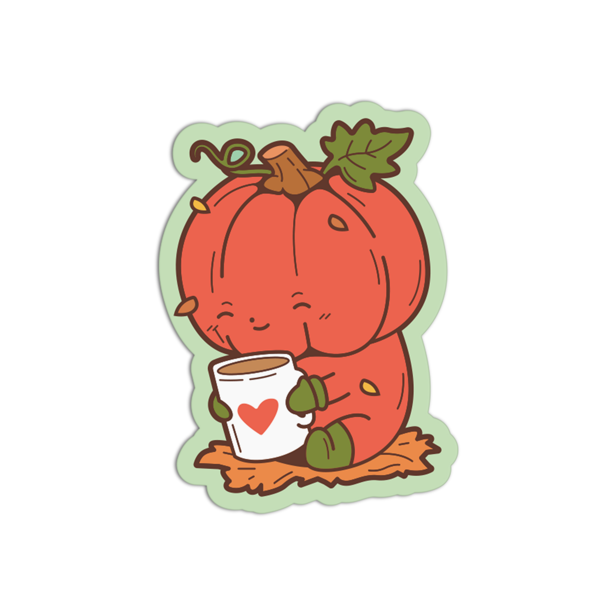 A cute cartoon pumpkin character sticker or decal holding a white mug with a red heart, shown on a plain white background.