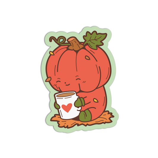 A cute cartoon pumpkin character sticker or decal holding a white mug with a red heart, shown on a plain white background.