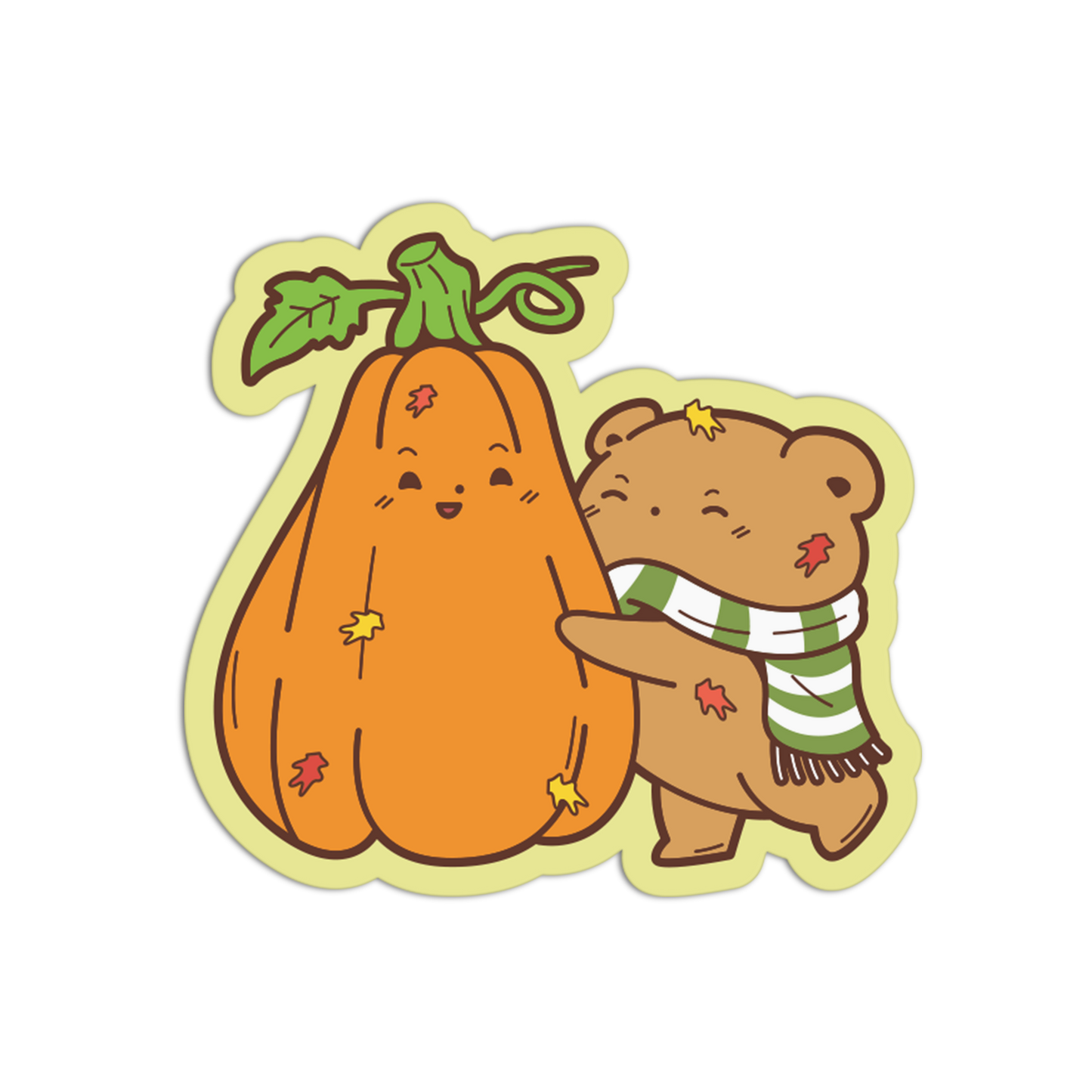 A cute cartoon sticker or decal showing an orange pumpkin with a green stem hugging a brown teddy bear wearing a green and white striped scarf, on a light gray background.