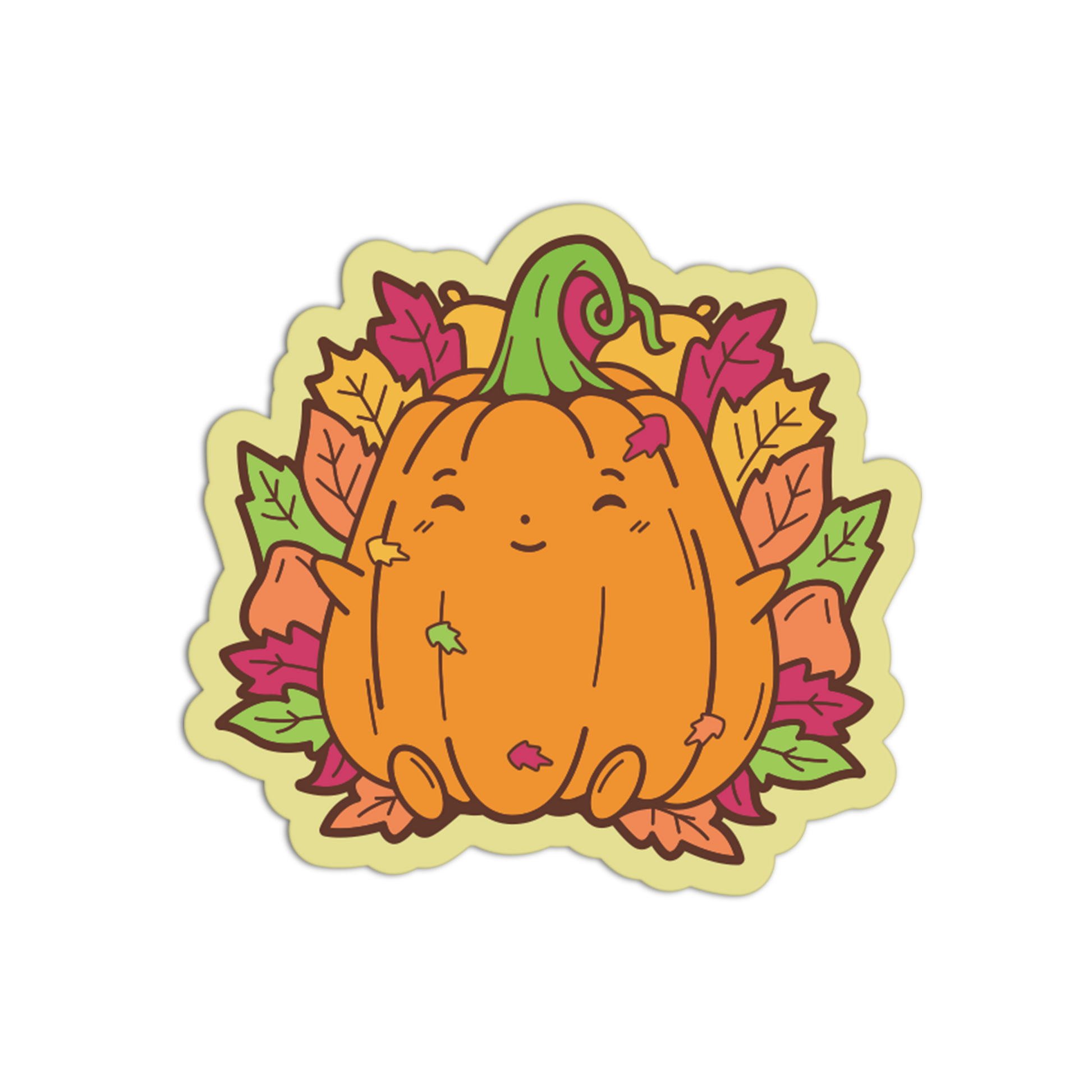 A die-cut sticker featuring a cute cartoon orange pumpkin surrounded by colorful autumn leaves in shades of pink, orange, green, and yellow, set against a plain white background.