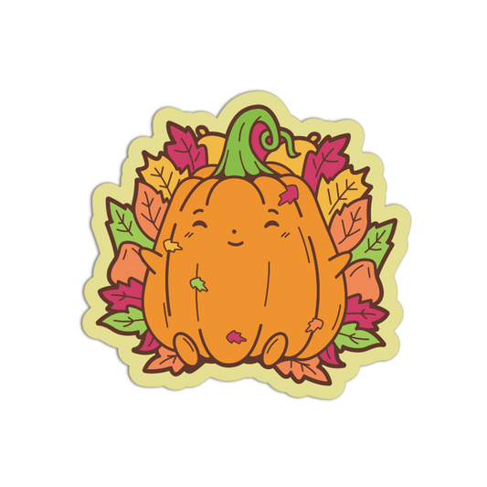 A die-cut sticker featuring a cute cartoon orange pumpkin surrounded by colorful autumn leaves in shades of pink, orange, green, and yellow, set against a plain white background.