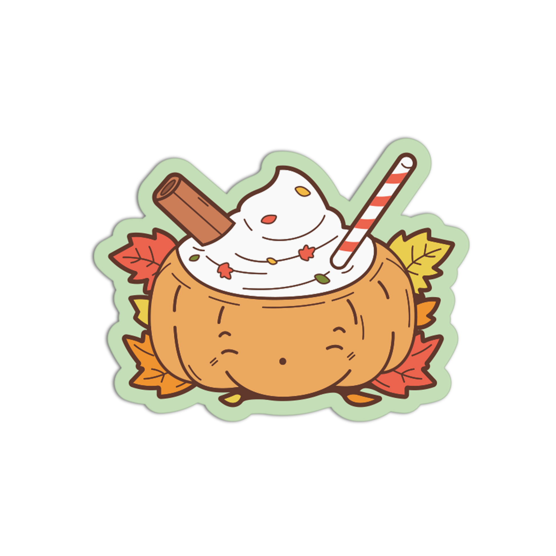 A cute cartoon sticker or decal of a pumpkin-shaped drink topped with whipped cream, a cinnamon stick, and a striped straw, surrounded by fall leaves on a white background.