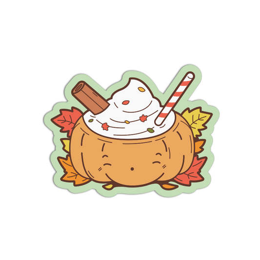 A cute cartoon sticker or decal of a pumpkin-shaped drink topped with whipped cream, a cinnamon stick, and a striped straw, surrounded by fall leaves on a white background.