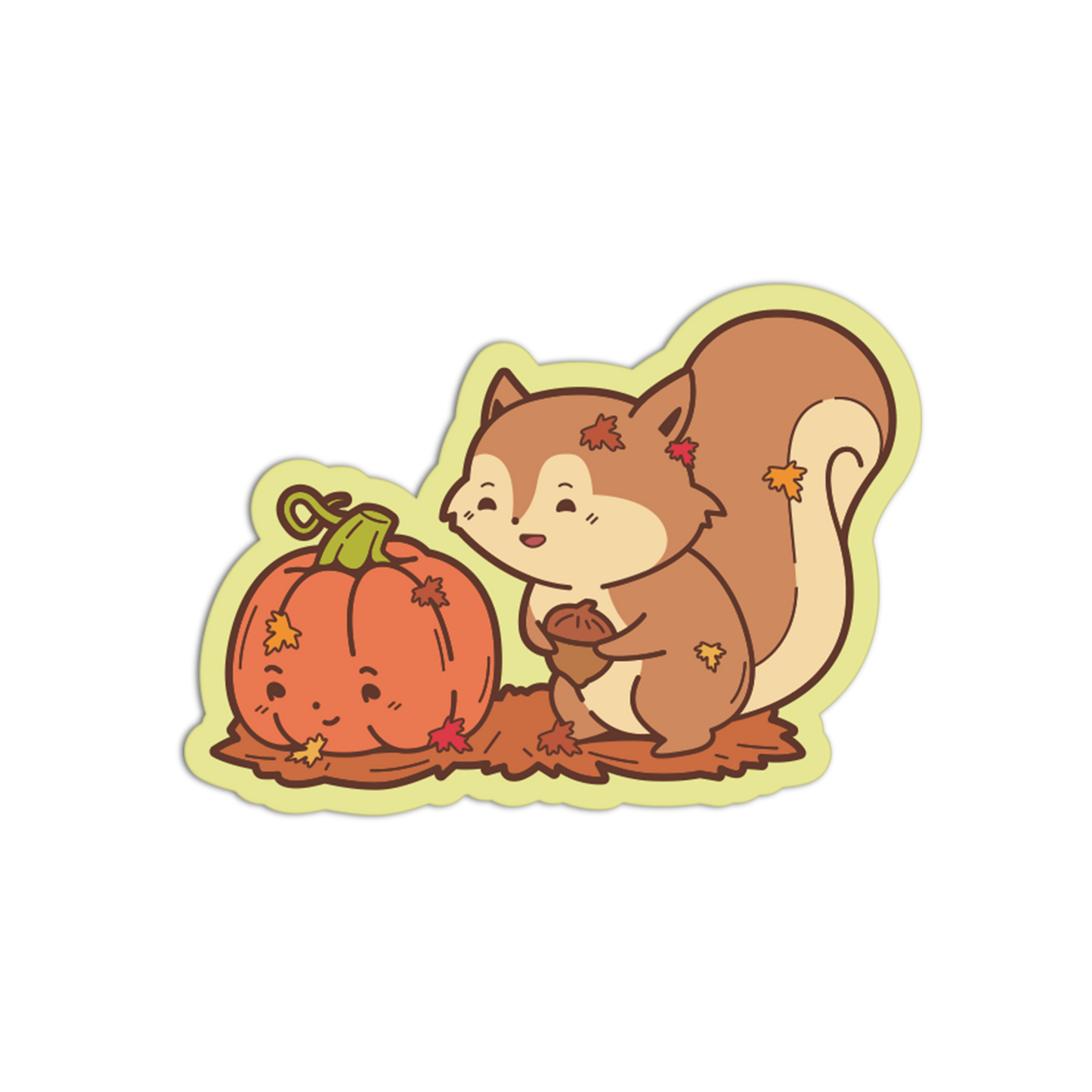 A die-cut cartoon sticker featuring a smiling brown squirrel holding an acorn next to a cute orange pumpkin with a face, on a light gray background.
