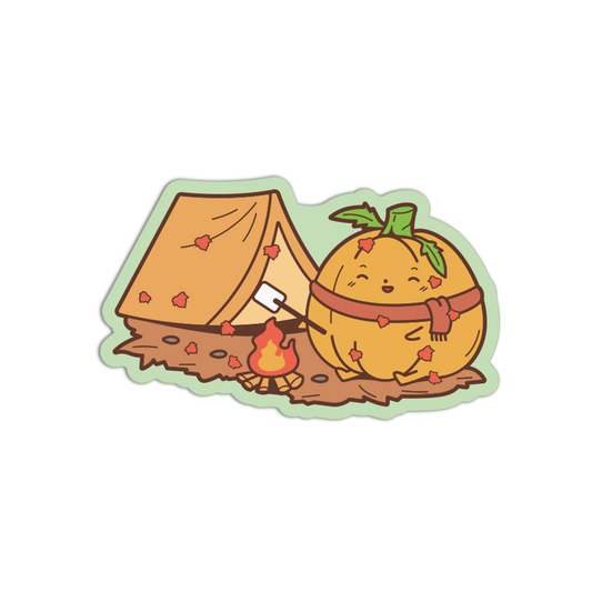A cute cartoon camping sticker featuring a smiling orange character with a green leafy stem, wearing a brown band and scarf, roasting a marshmallow over a small campfire next to a tan tent on a log, all outlined with a light green border.