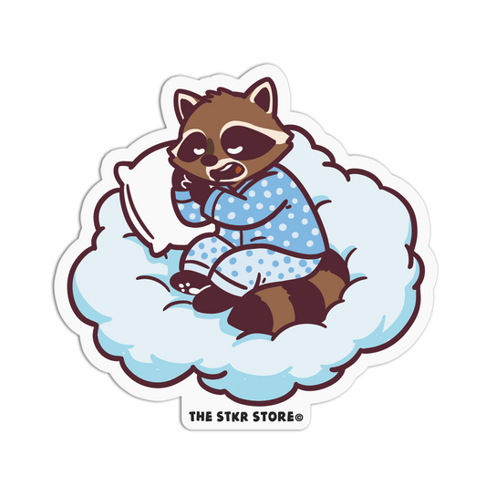 Sticker of a raccoon in pajamas on a cloud with 'The Stkr Store' logo.