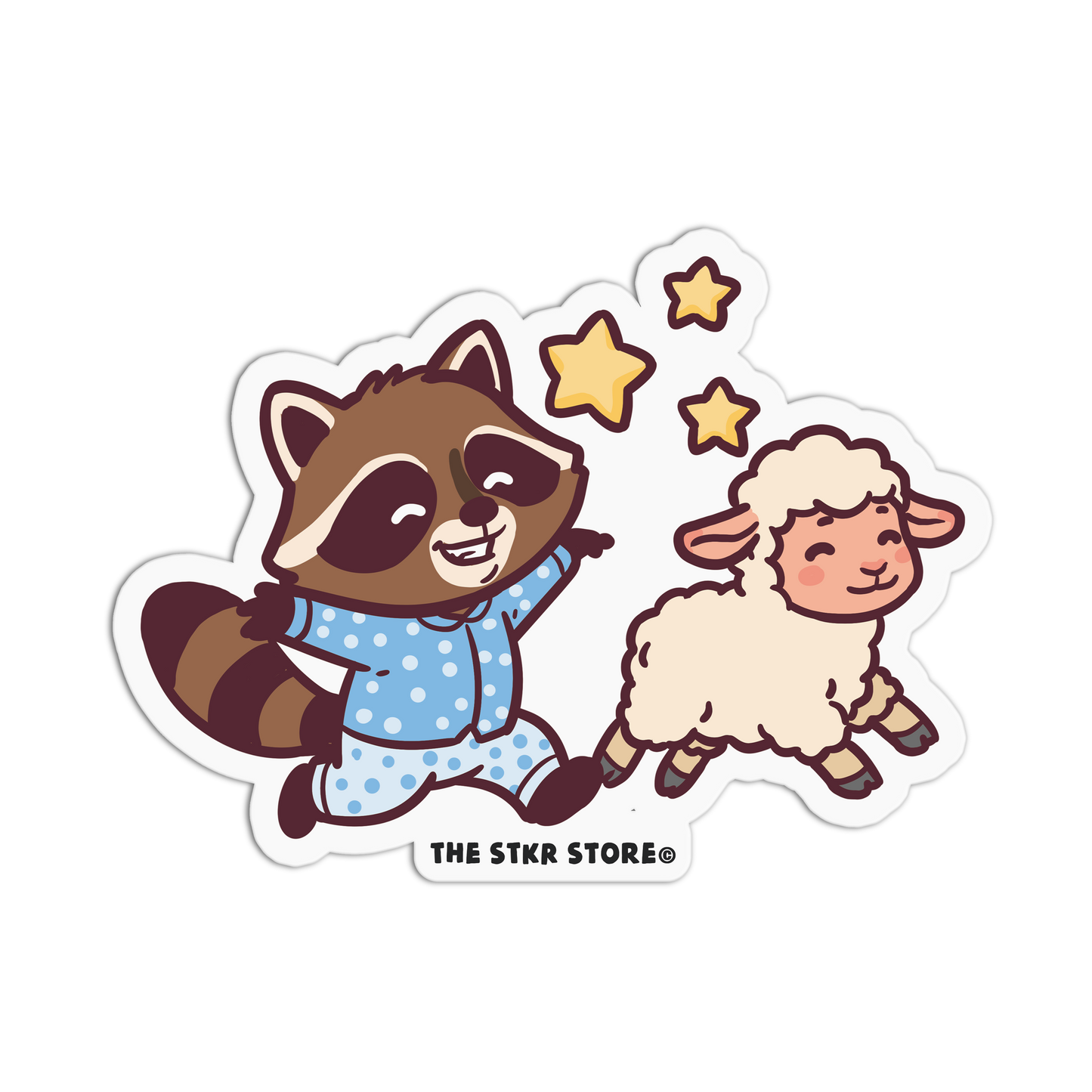 Cartoon raccoon and sheep sticker with stars, from The Stkr Store.