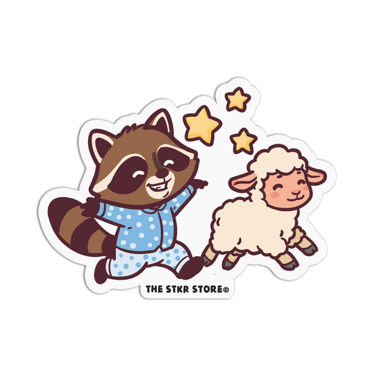 Cartoon raccoon and sheep sticker with stars, from The Stkr Store.