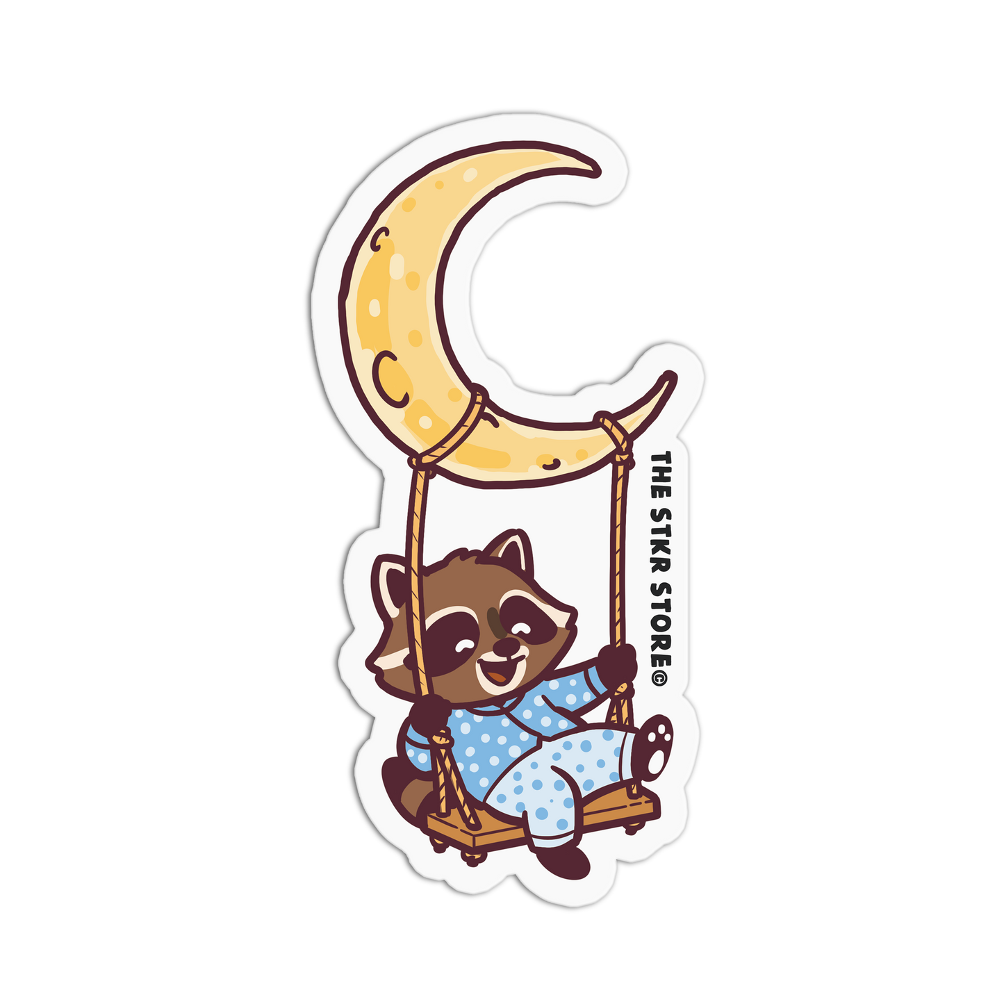 Sticker of a raccoon on a swing under a crescent moon with 'The Stikr Store' branding.