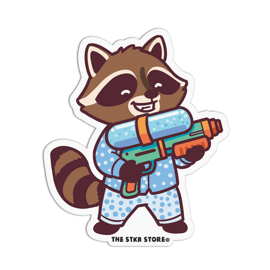 Cartoon raccoon character holding a colorful water gun with 'The Stkr Store' logo.