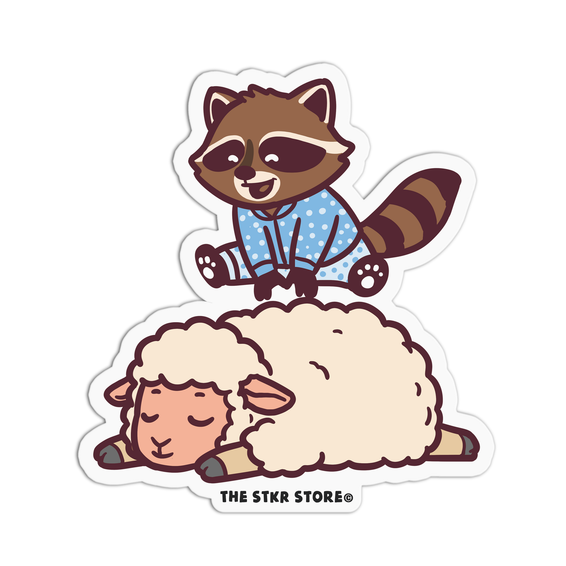 Cartoon raccoon and sheep sticker with 'The Stkr Store' logo.