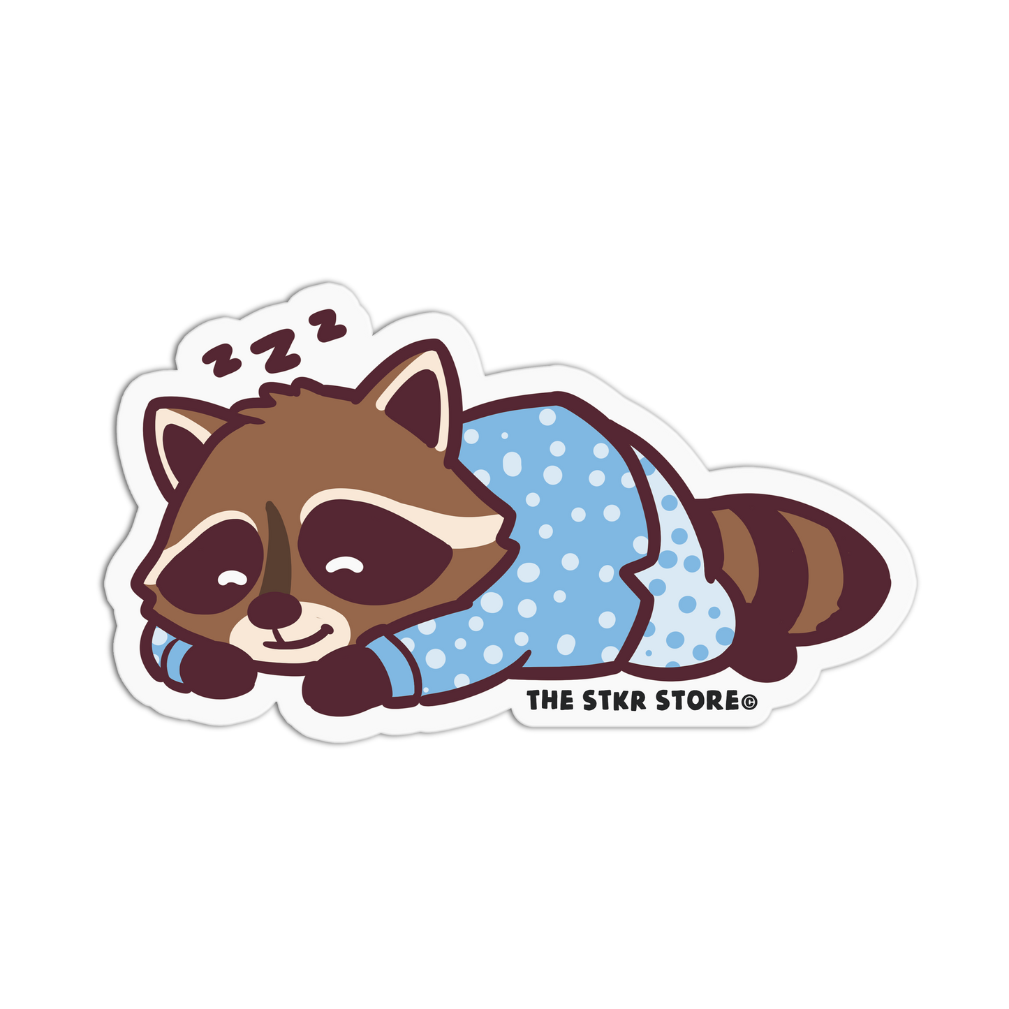 Sticker of a raccoon in a blue onesie with 'ZZZ' on a white background, from The STKR Store.