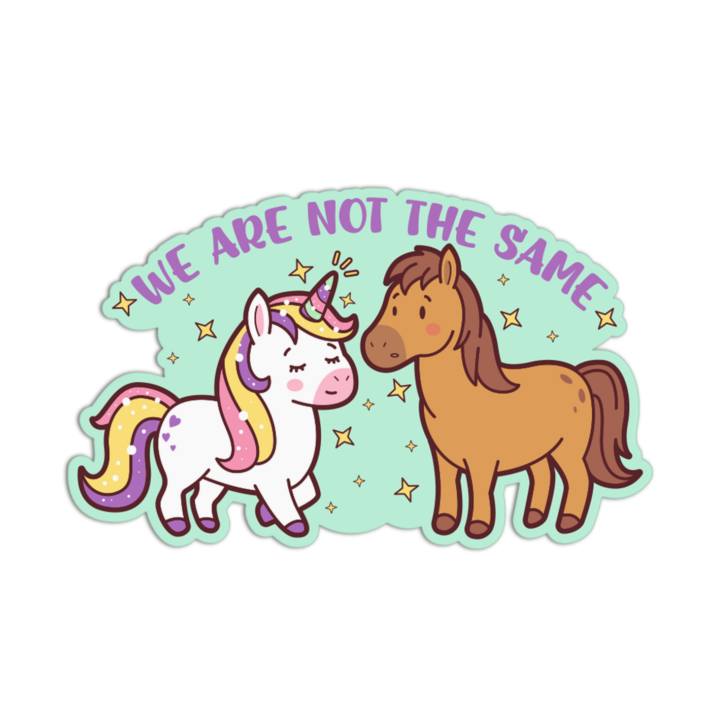 Cartoon unicorn and horse with 'We are not the same' text on a light green background