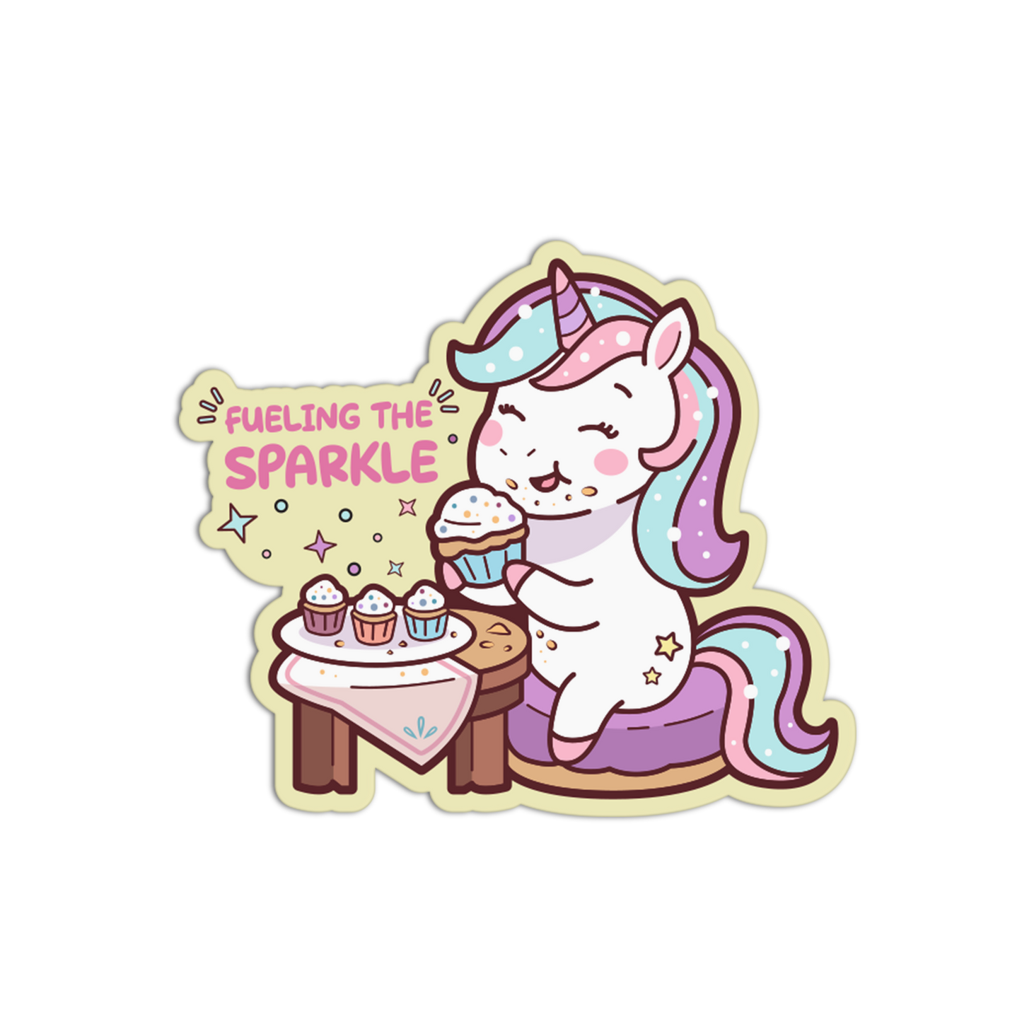 Sticker of a unicorn with a rainbow mane and tail, holding a cupcake with 'Fueling the Sparkle' text on a white background.
