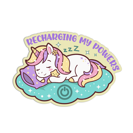 Sticker of a unicorn sleeping on a cloud with 'Recharging My Powers' text on a white background
