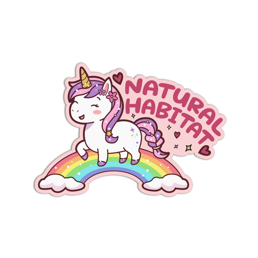Sticker with a unicorn on a rainbow, 'Natural Habitat' text, and hearts on a white background.