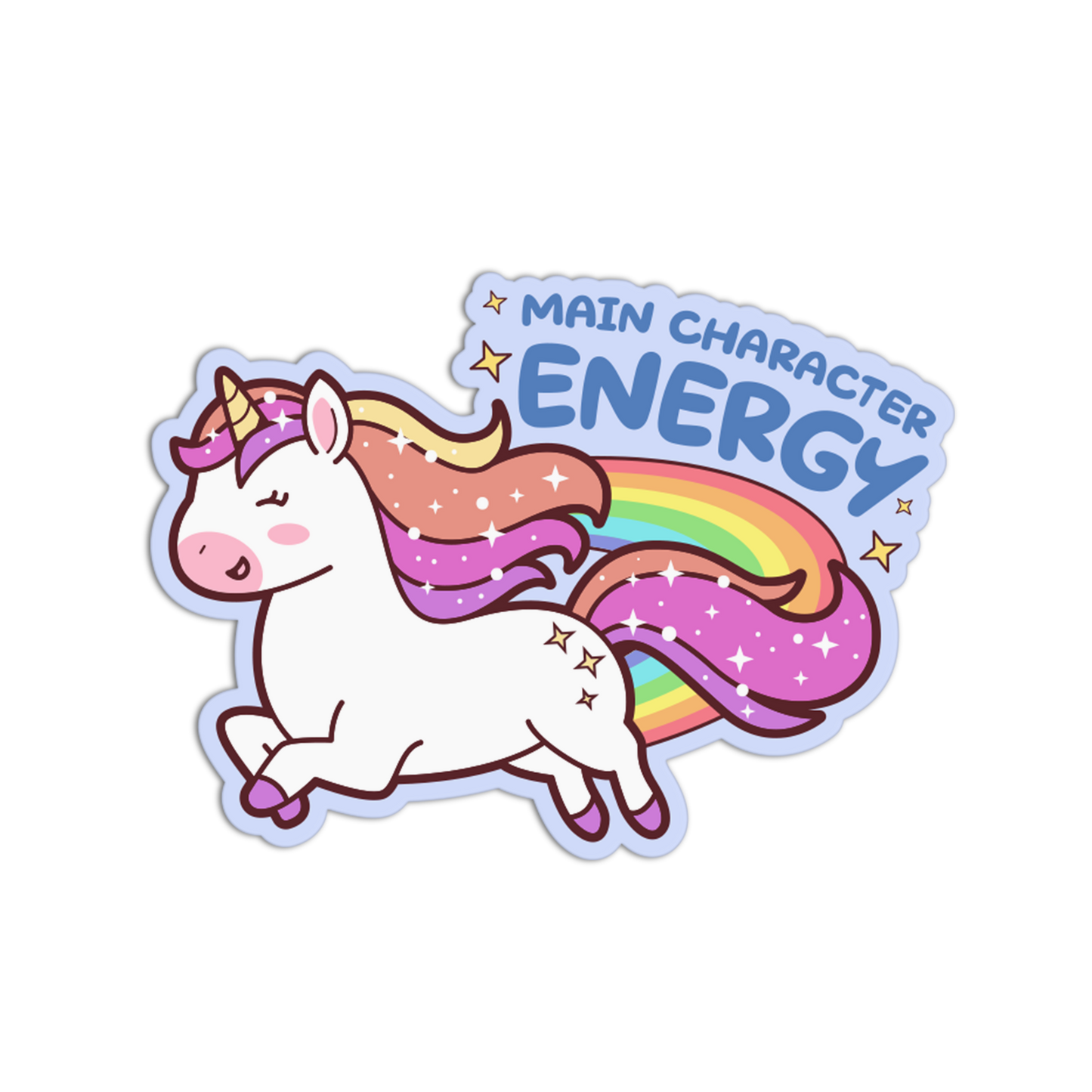 Sticker of a unicorn with a rainbow tail and 'Main Character Energy' text on a white background