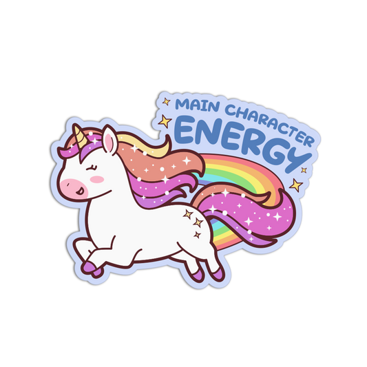 Sticker of a unicorn with a rainbow tail and 'Main Character Energy' text on a white background