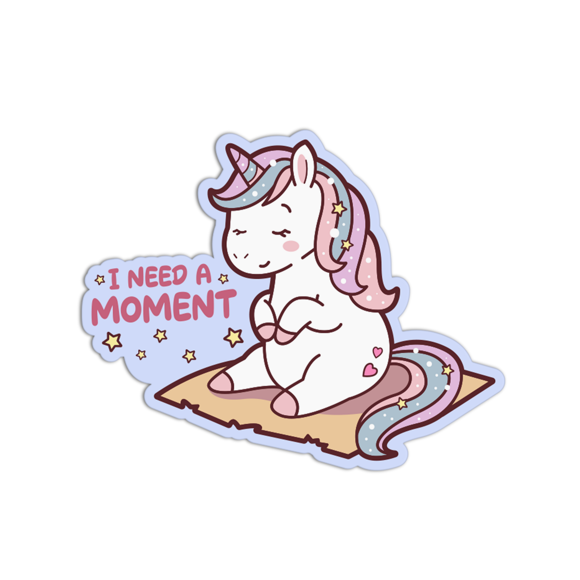 Sticker of a unicorn sitting on a cloud with 'I Need a Moment' text on a white background
